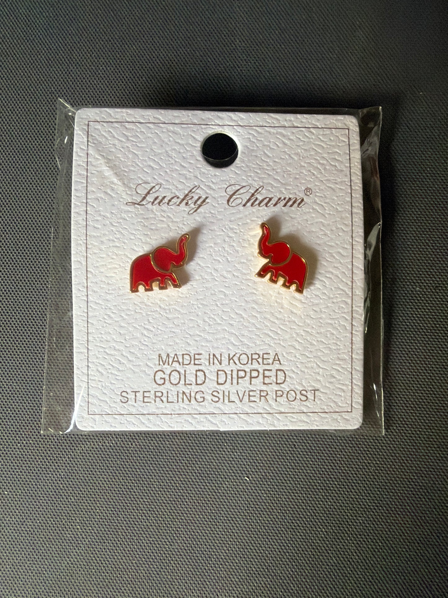 Red Elephant Trimmed in Gold Post Earrings - Gold Dipped Silver Post