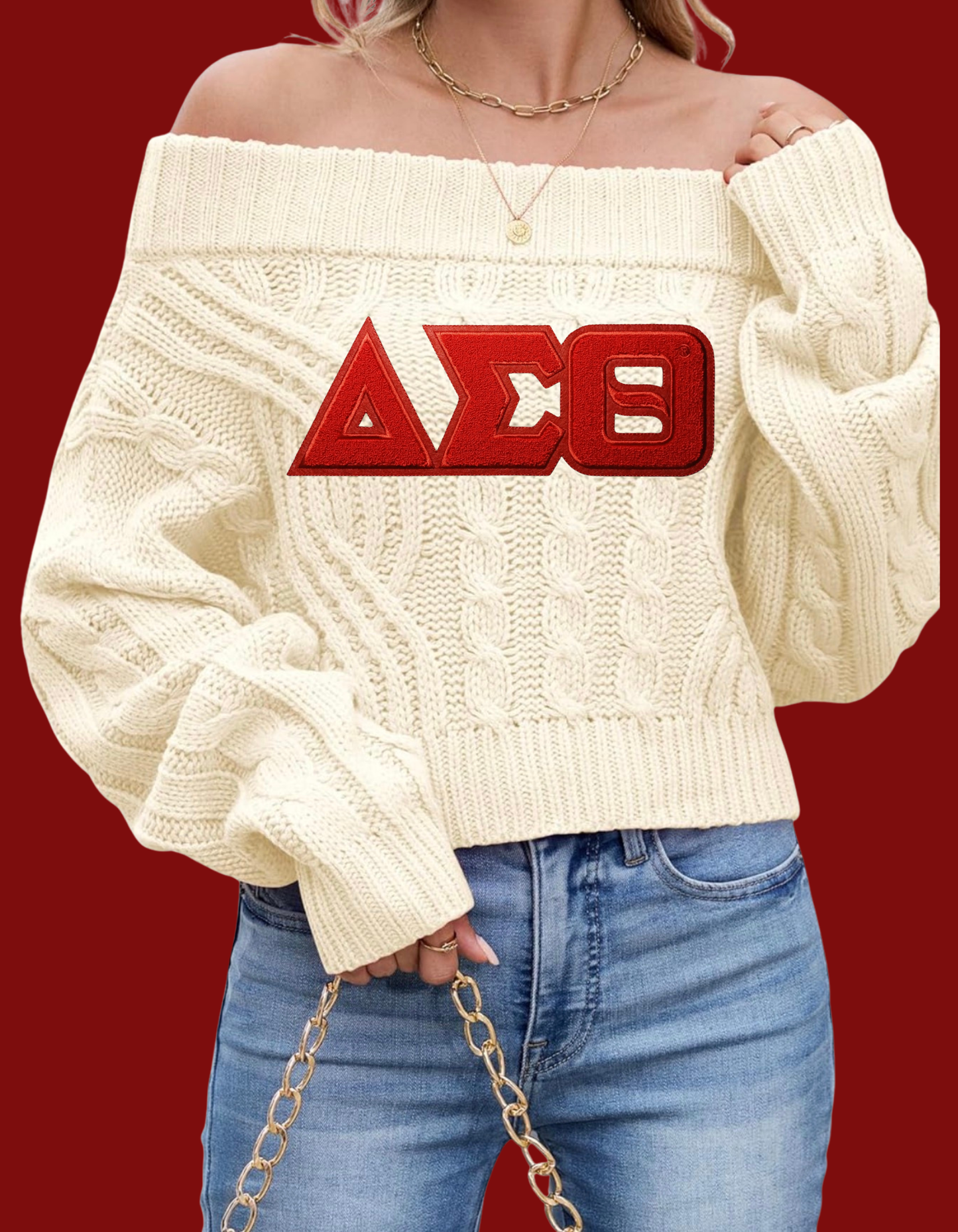 DST Off the Shoulder Cable Knit Sweater