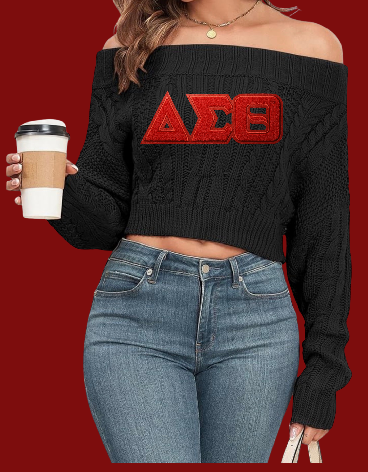 DST Off the Shoulder Cable Knit Sweater