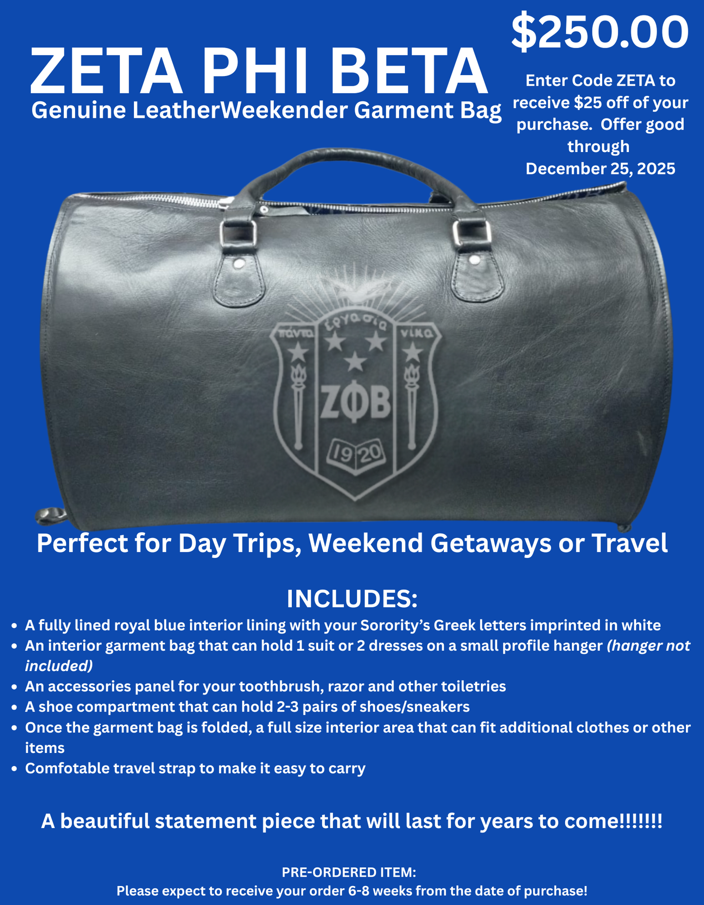 Zeta Phi Beta Genuine Leather Weekender Garment Bag
